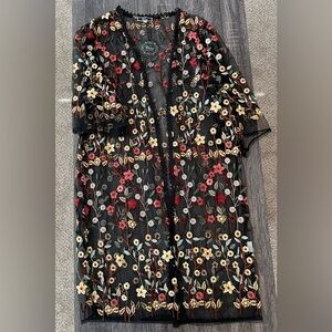 Black Sheer Kimono Style Duster Robe with Floral Embroidery | XL